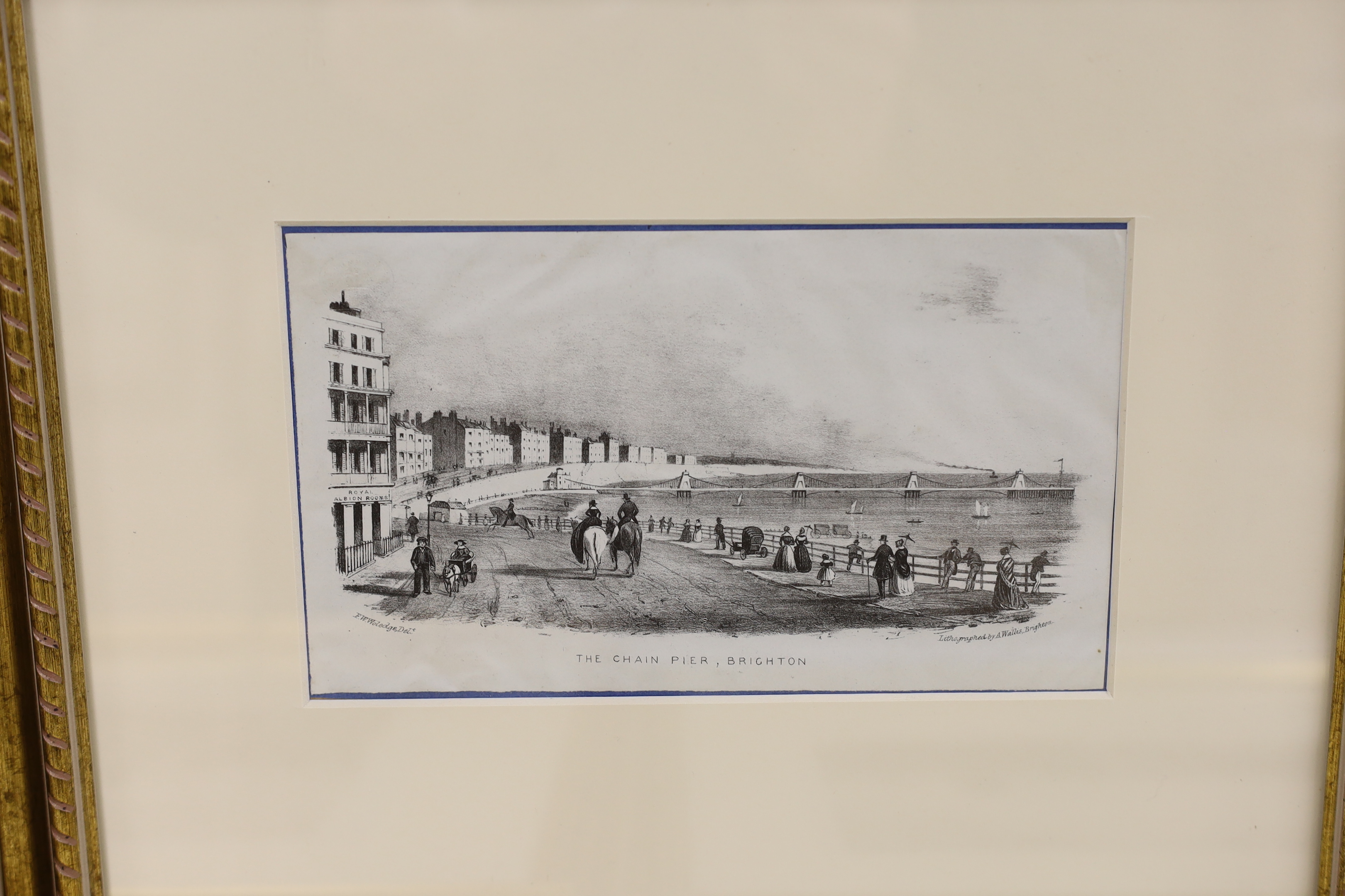 Eight 19th century engravings and prints of Brighton Chain Pier, some hand coloured, including one after Joseph Cordwell, Royal Chain Pier, Brighton, publ. 1824 and one after John Bruce